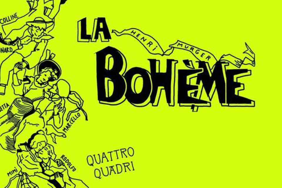 Ein auffälliges Plakat in leuchtendem Gelb mit dem Titel "La Bohème". Es zeigt verschiedene Figuren in einem kunstvollen, skizzenhaften Stil.