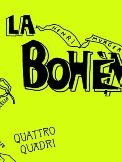 A striking poster in bright yellow with the title "La Bohème". It features various figures in an artistic, sketchy style.