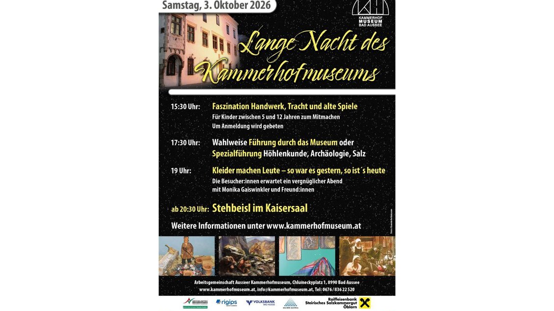 Ein Plakat für die Lange Nacht des Kärntnermuseum mit Veranstaltungshinweisen. Es zeigt verschiedene Aktivitäten, die am 3. Oktober 2026 stattfinden, darunter Führungen und Spiele. | ©  Kammerhofmuseum