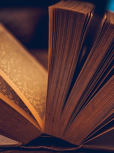 An open book with faded pages lies open. The pages are depicted in warm light and show inviting text passages. | © Pixabay