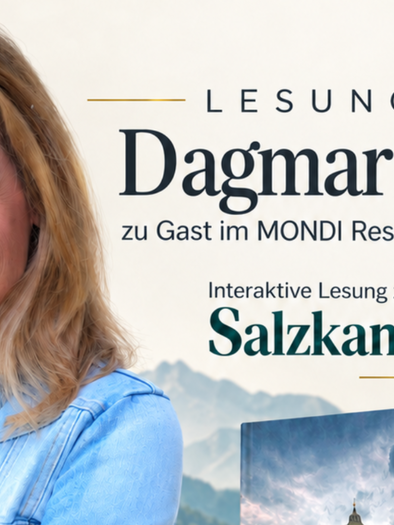 Auf diesem Plakat zur Lesung von Dagmar Hager zu ihrem Kriminalroman Salzkammerflut ist die Autorin selbst zu sehen. Auch der Veranstaltungsort, das Monid Hotel in Grundlsee, wird bekannt gegeben. | © www.grundlsee.mondihotels.com