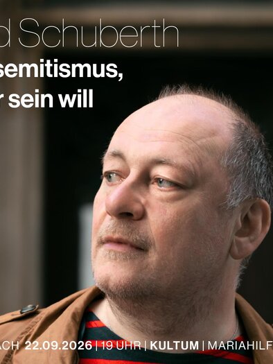 A man stands in an urban environment and looks thoughtfully to the side. The text on the image discusses a lecture on the topic of antisemitism.