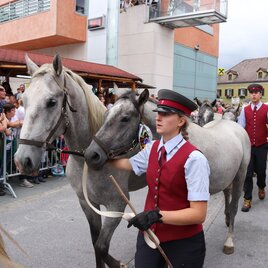 A group of gray horses is being led by people in traditional clothing along a busy street. Many spectators are watching the event. | © Robert Cescutti