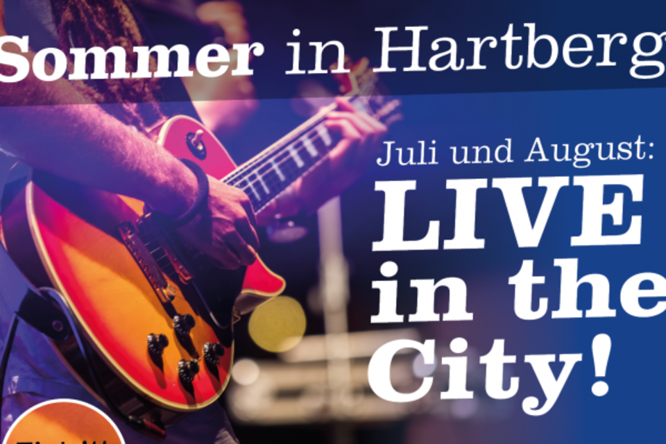 Ein Musiker spielt Gitarre während eines Sommer-Events in Hartberg. Es wird auf Live-Musik im Juli und August hingewiesen. | © Oststeiermark Tourismus