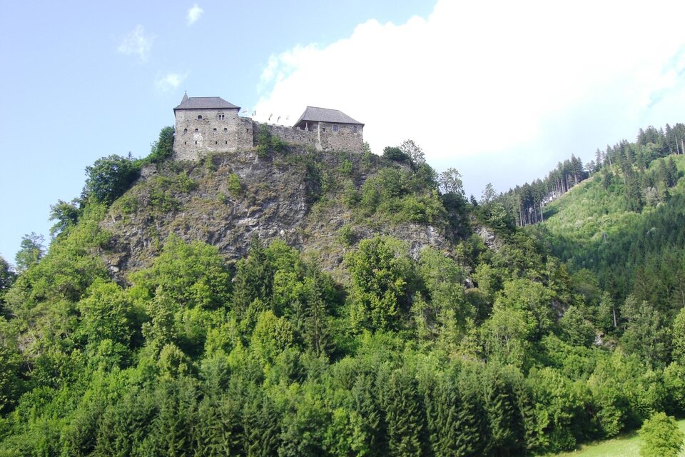 Eine beeindruckende Burg auf einem Hügel, umgeben von dichtem Wald. Im Hintergrund sind grüne Berge und ein klarer Himmel zu sehen.