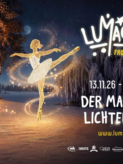 Girl with nutcracker in the snow in front of a lit chapel and a dancing fairy in a snowy winter landscape. | © Lumagica
