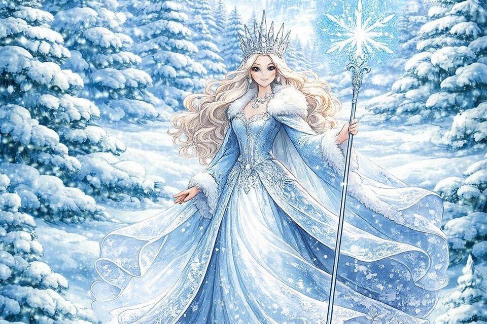Eine elegante, frostige Königin trägt ein glitzerndes, hellblaues Kleid. Sie steht in einer schneebedeckten Winterlandschaft und hält einen Zauberstab mit einem funkelnden Stern. | © leopress / ChatGPT