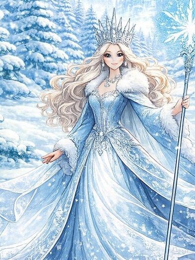 Eine elegante, frostige Königin trägt ein glitzerndes, hellblaues Kleid. Sie steht in einer schneebedeckten Winterlandschaft und hält einen Zauberstab mit einem funkelnden Stern. | © leopress / ChatGPT