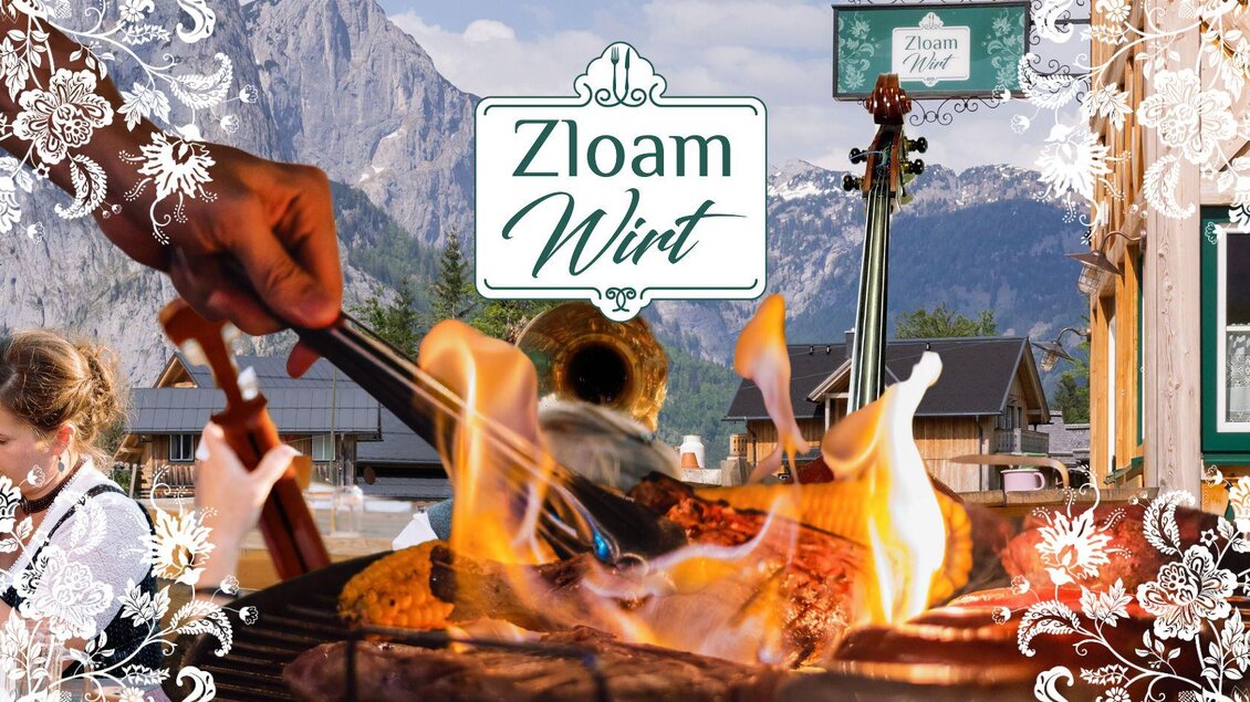 Ein gemütliches Gasthaus in den Bergen mit einem Grillfeuer, das köstliches Essen zubereitet. Im Hintergrund sind beeindruckende Berglandschaften und eine einladende Atmosphäre zu sehen. | © www.zloam.at