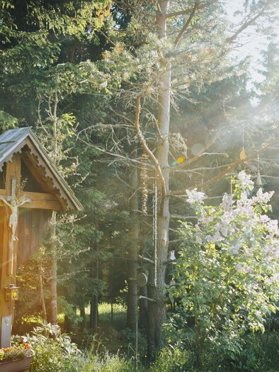 Eine kleine Holzhütte steht umgeben von Bäumen und Blumen im Sonnenlicht. Es strahlt eine friedliche und natürliche Atmosphäre aus. | ©  TV Südsteiermark – Lupi Spuma