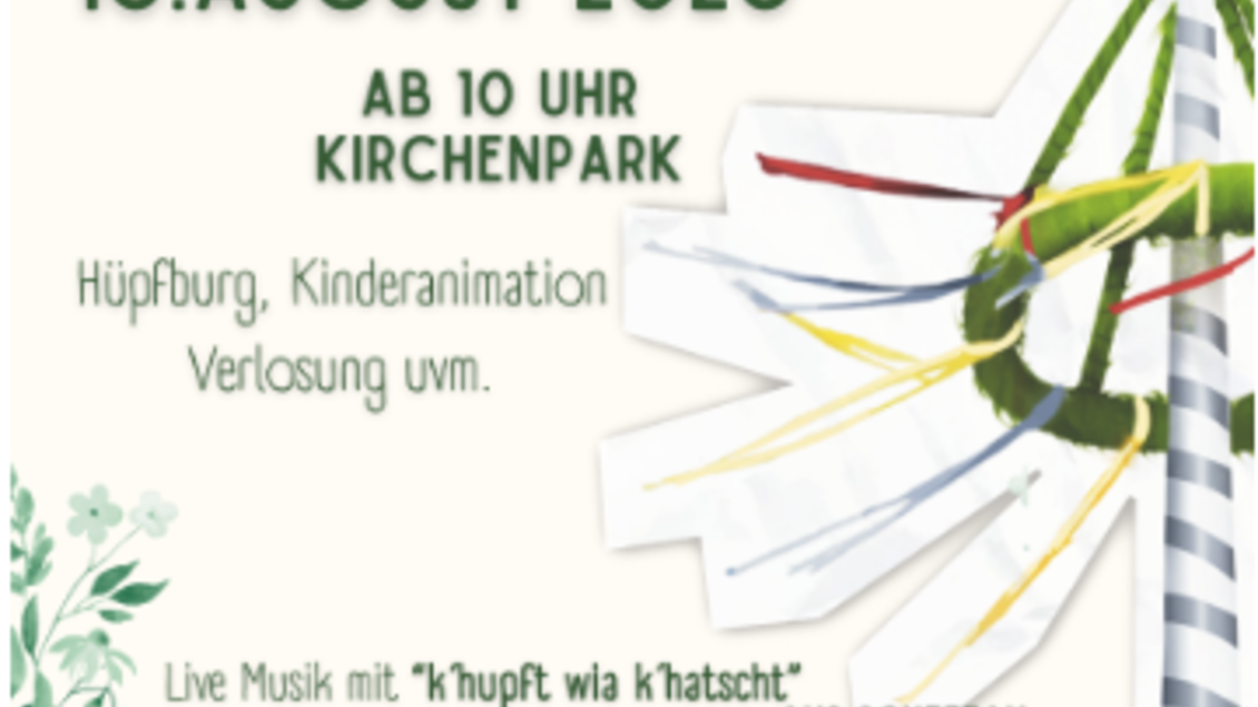 Ein Plakat für das Maibaum Umschneiden am 16. August 2026 im Kirchenpark. Es bietet Musik, Kinderanimation und eine Verlosung. | © FreizeitRing Irdning