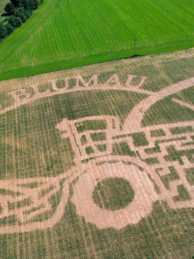 Ein Feld mit einem großen Mosaik, das ein Traktormotiv darstellt. In der Mitte steht der Schriftzug "BAD BLUMAU". | © Maislabyrinth Bad Blumau