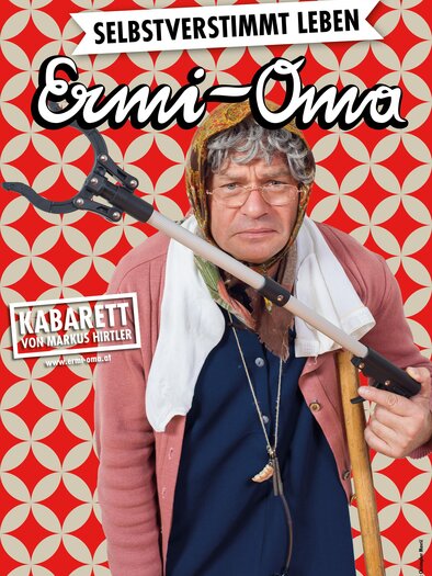 Ein humorvoll gestaltetes Plakat zeigt eine ältere Frau mit einer Schaufel und einer Gabel. Der Hintergrund ist mit einem bunten, geometrischen Muster versehen. | © Christopher Mavrič