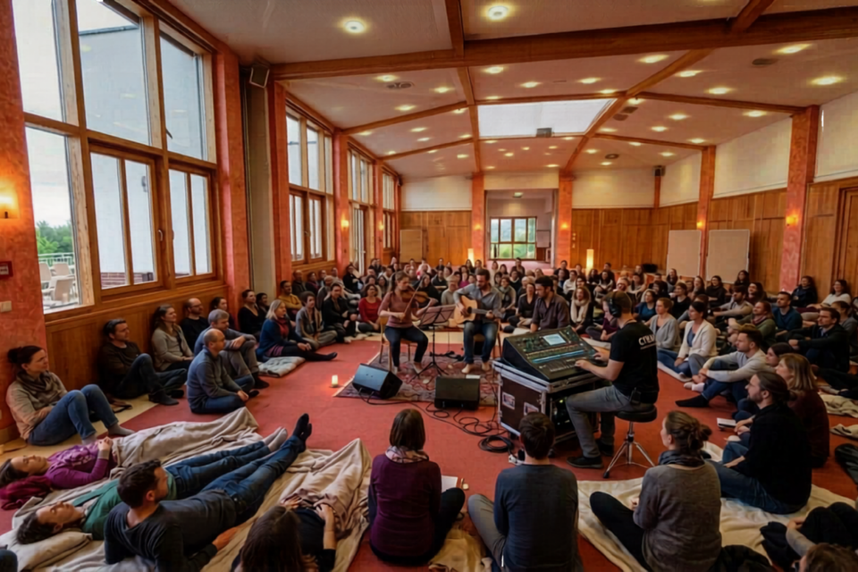 Eine große Gruppe von Menschen sitzt auf dem Boden in einem hellen Raum. Im Vordergrund spielt ein Musiker, während die Teilnehmer entspannt zuhören. | © Hotel Retter und KI