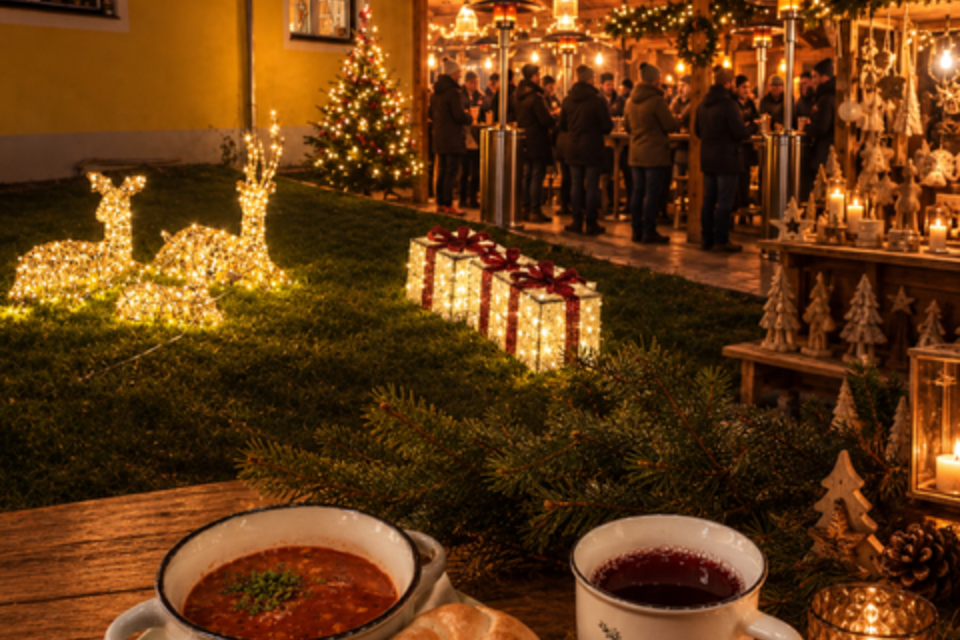 Ein festlich dekorierter Außenbereich mit einem Weihnachtsbaum und leuchtenden Figuren. Im Vordergrund stehen eine Schale Suppe, ein Brötchen und eine Tasse Tee. | © Café Sophia
