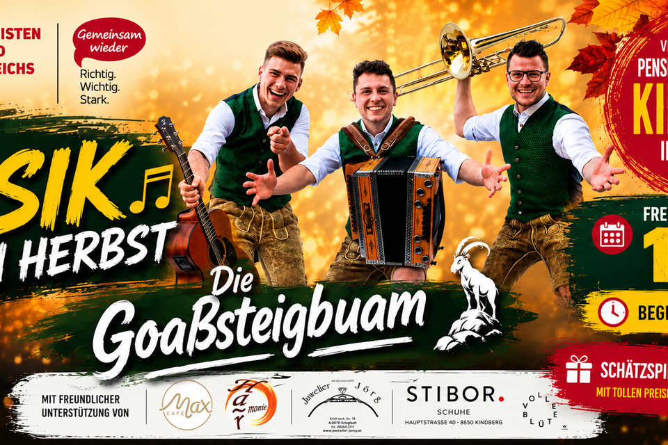 Ein fröhliches Eventplakat für eine Musikveranstaltung im Herbst. Die Goabsteigbuam treten am 11. September 2026 in Kindberg auf. | © Gemeinde Kindberg