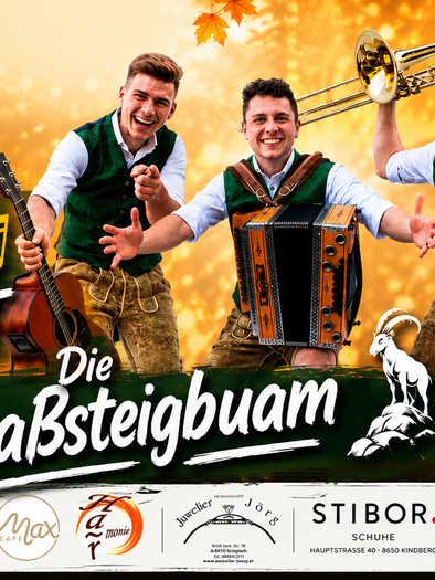 Ein fröhliches Eventplakat für eine Musikveranstaltung im Herbst. Die Goabsteigbuam treten am 11. September 2026 in Kindberg auf. | © Gemeinde Kindberg