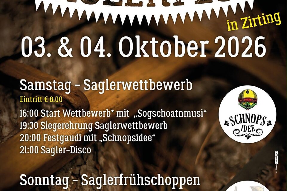 Eine Veranstaltungsankündigung für das Mitterberger Saglerfest am 03. und 04. Oktober 2026 in Ziriting. Das Fest umfasst Wettbewerbe, Musik und Aktivitäten für die ganze Familie.