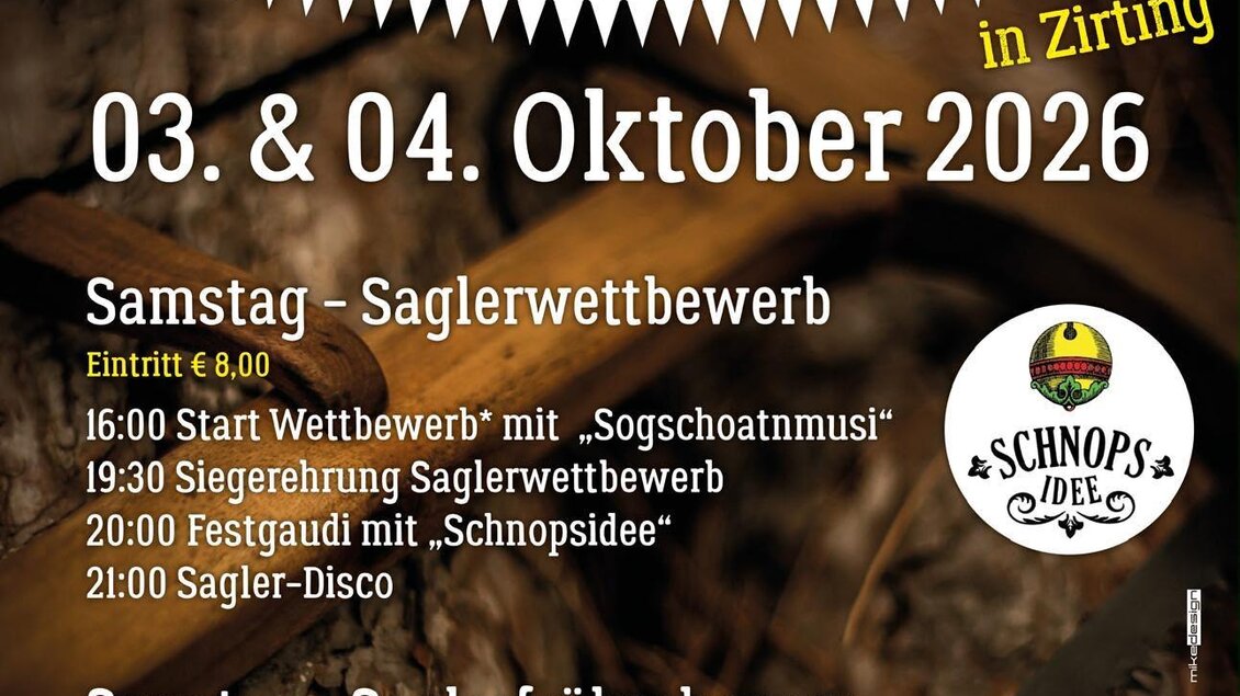 Eine Veranstaltungsankündigung für das Mitterberger Saglerfest am 03. und 04. Oktober 2026 in Ziriting. Das Fest umfasst Wettbewerbe, Musik und Aktivitäten für die ganze Familie.