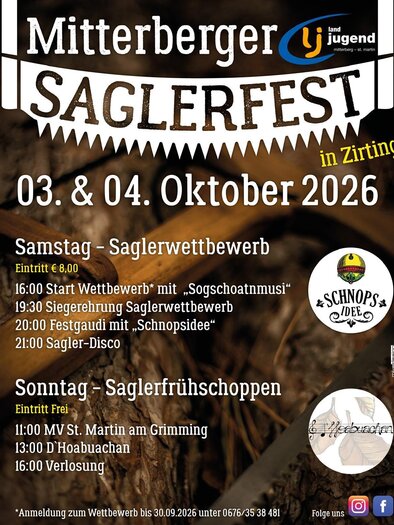 Eine Veranstaltungsankündigung für das Mitterberger Saglerfest am 03. und 04. Oktober 2026 in Ziriting. Das Fest umfasst Wettbewerbe, Musik und Aktivitäten für die ganze Familie.