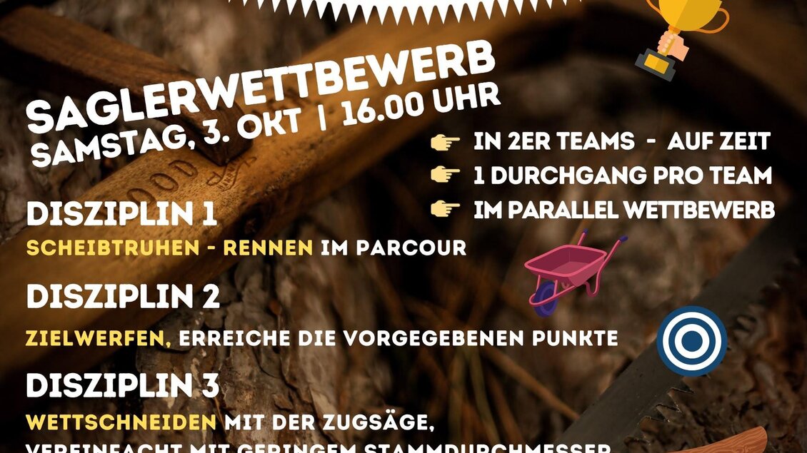 Ein Plakat für das Mitterberger Saglerfest mit Informationen zu verschiedenen Wettbewerben. Es werden Team-Spiele und Anmeldedetails für das Event am 3. und 4. Oktober angezeigt.