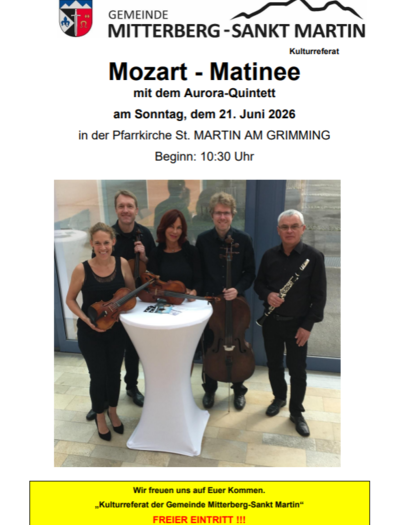 Ein Plakat für ein Konzert mit dem Aurora-Quintett. Das Event findet am 21. Juni 2026 in der Pfarrkirche St. Martin in Grimming statt. | © Kulturreferat der Gemeinde Mitterberg-Sankt Martin