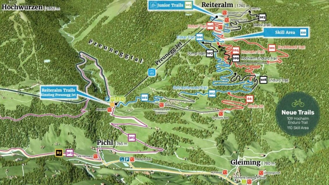 Eine detaillierte Karte eines Skigebiets mit verschiedenen Pisten und Trails. Wichtige Punkte wie die Skifahrergebiete und die Reiteralm sind gekennzeichnet. | © Mr EIT Reiteralm