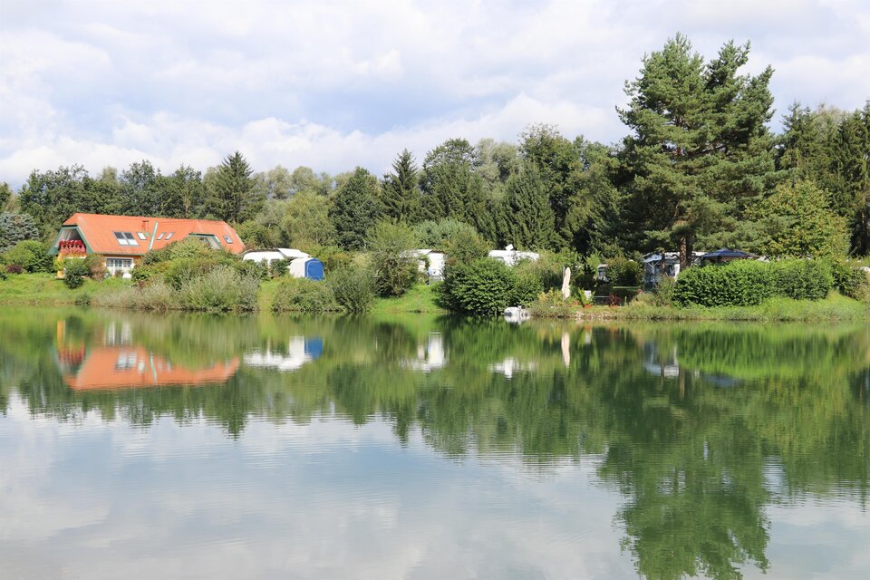 Ein ruhiger See mit Spiegelungen der umliegenden Bäume und Häuser. Im Hintergrund sind grüne Wiesen und ein blauer Himmel zu sehen. | © Erlebnisregion Murtal