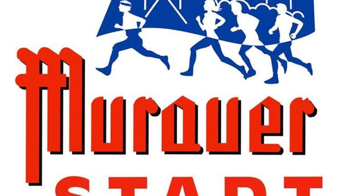 Ein Logo für den Murauer Stadtlauf. Es zeigt stilisierte Läufer und eine Stadtansicht im Hintergrund.