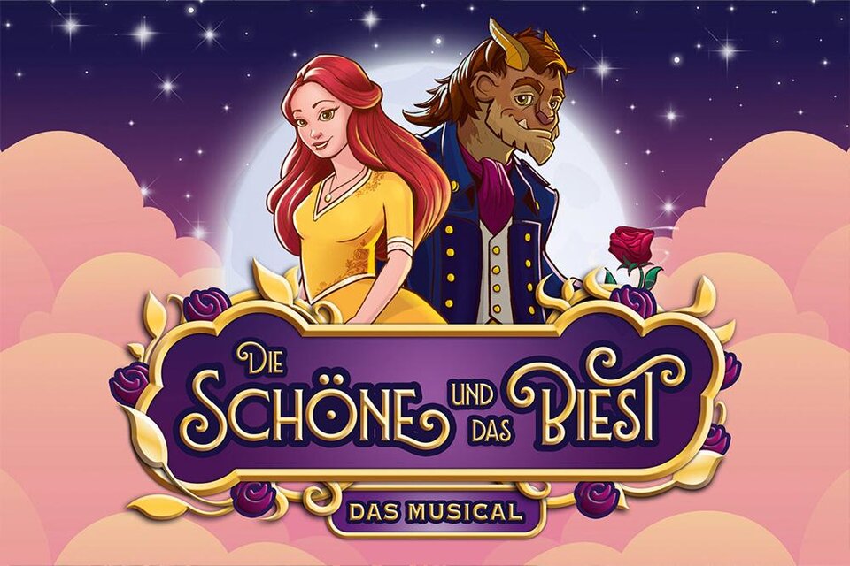Ein farbenfrohes Plakat für das Musical "Die Schöne und das Biest". Es zeigt eine Frau mit rotem Haar und einen höflichen Biest-Charakter vor einer traumhaften Kulisse. | © Theater Liberi