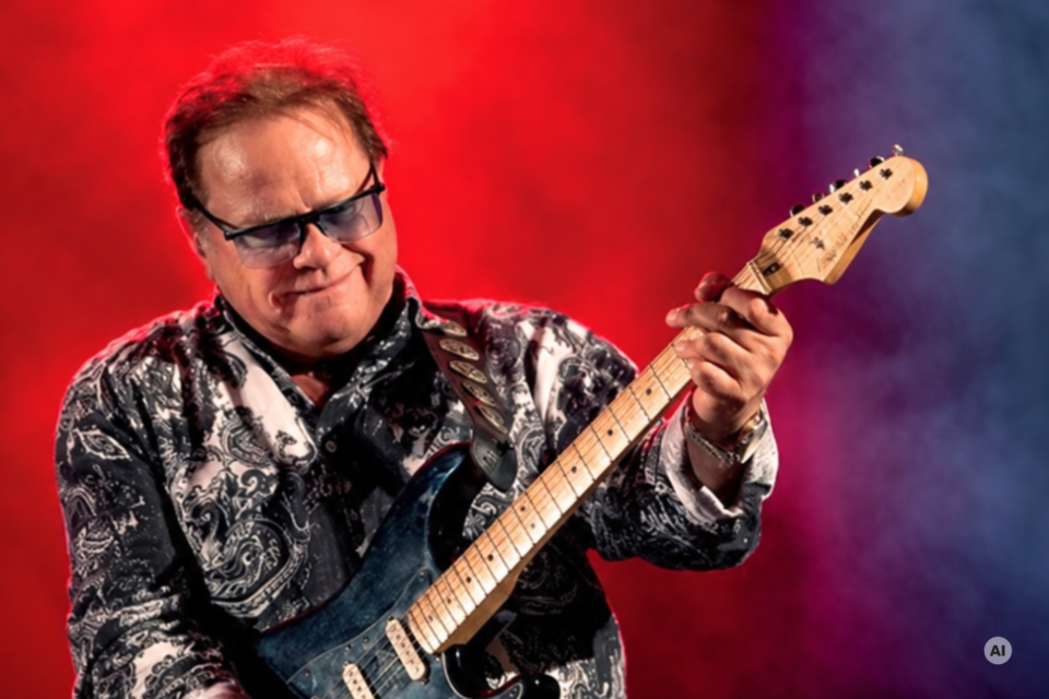 Ewald Pfleger spielt mit ausdrucksstarker Mimik auf seiner E-Gitarre. Die intensive Bühnenbeleuchtung in Rot- und Violetttönen unterstreicht die energiegeladene Atmosphäre des musikalischen Auftritts in Fürstenfeld.