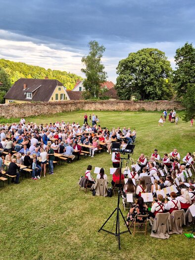 Ein großes Publikum sitzt im Freien und genießt ein Konzert. Vorne spielt eine Musikgruppe, während im Hintergrund eine grüne Landschaft und einige Häuser zu sehen sind. | © Matthias Pöltl