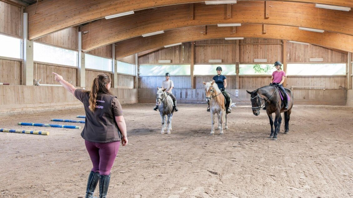 Eine Reitstunde in einer Reithalle. Vier Personen reiten auf Pferden und hören einer Trainerin zu. | © www.zloam.at