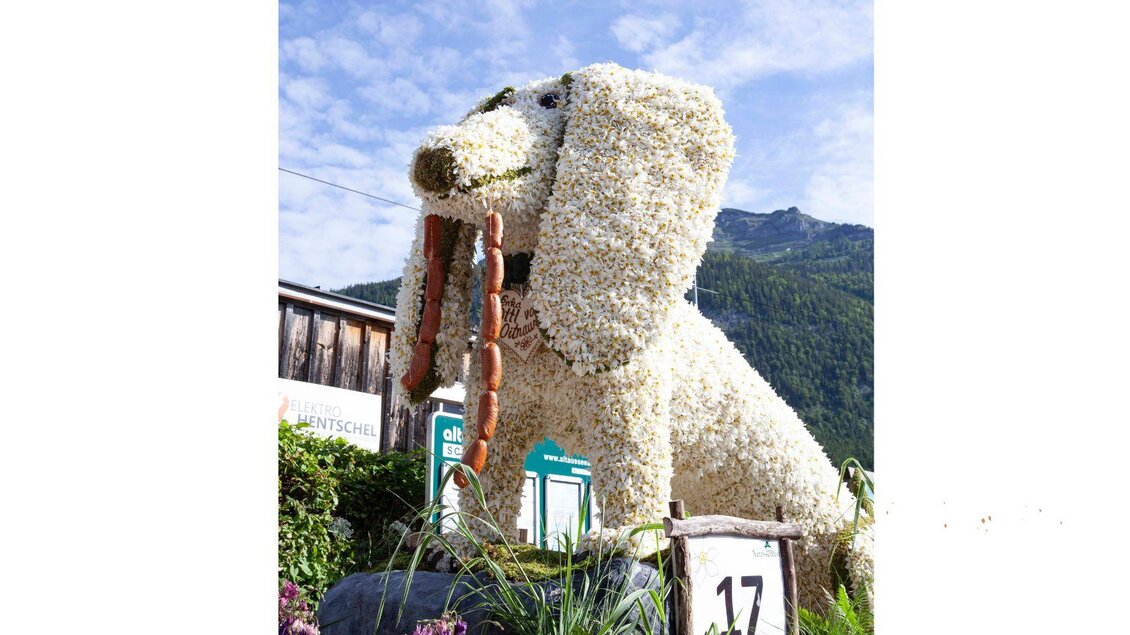 Eine Narzissenfigur mit einem Hund, der eine Wurstschlange im Maul hält, wahrscheinlich gemopst, mit der Startnummer 17. | © Narzissenfestverein_Sima