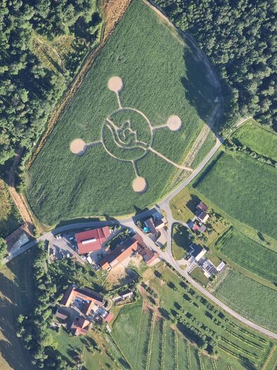 Eine Luftaufnahme eines landwirtschaftlichen Gebiets mit einem auffälligen, geometrischen Muster auf dem Feld. Im Vordergrund sind Häuser und Felder sichtbar, umgeben von Bäumen. | © Lindenhof Kröpfl