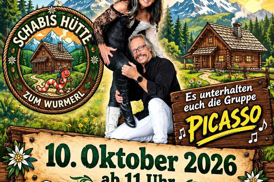 Ein buntes Plakat für die Neueröffnung von "Schabis Hütte zum Wurmerl." Es zeigt eine fröhliche Gruppe und informiert über das Event am 10. Oktober 2026 mit Musik und Begrüßungsgetränken. | © Schabis Hütte zum Wurmerl
