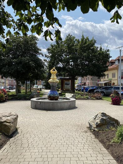Ein schöner Platz mit einem Brunnen in der Mitte und bunten Blumenbeeten. Umgeben von Bäumen und historischen Gebäuden.