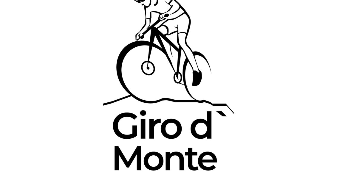 Ein minimalistisches Logo mit einem Radfahrer, der auf einem Hügel fährt. Darunter steht der Schriftzug "Giro d Monte".