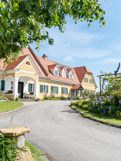 Der idyllische Herrenhof Lamprecht in Markt Hartmannsdorf präsentiert sich als charmantes, traditionelles Weingut mit sonnengelber Fassade, roten Ziegeldächern und grünen Fensterläden. Ein liebevoll gepflegter Garten mit bunten Blumen, üppigen Sträuchern und schattenspendenden Bäumen umrahmt das historische Gebäude. Die einladende Hofeinfahrt und das ländliche Ambiente vermitteln steirische Gastfreundschaft, Naturverbundenheit und gelebte Weinkultur. | © Alexander Mayer