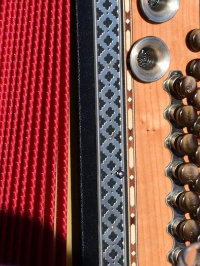 Ein Musiker spielt ein Akkordeon, während eine Hand die Tasten drückt. Der Fokus liegt auf dem instrumentalen Detail und der harmonischen Gestaltung.