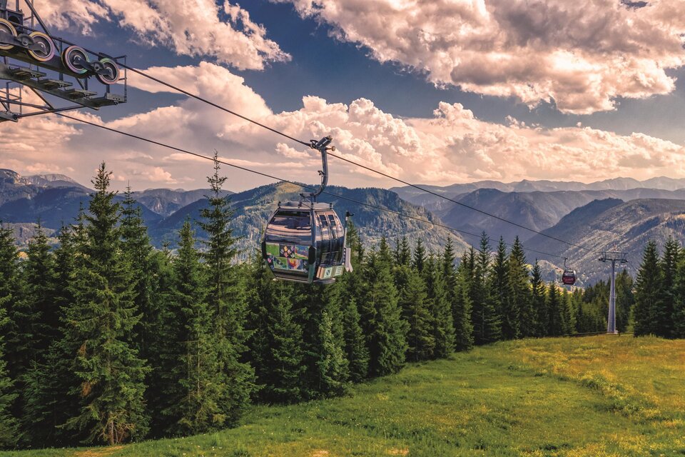 Eine Seilbahn fährt über einen Wald von Nadelbäumen. Im Hintergrund sind majestätische Berge und ein klarer Himmel zu sehen. | © Rudy Dellinger