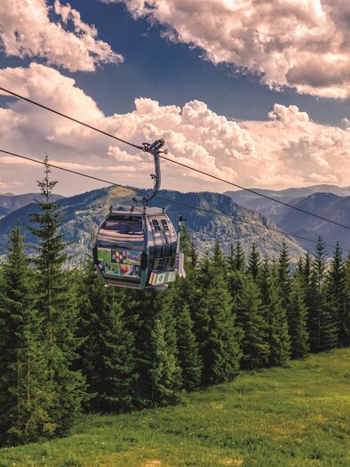 Eine Seilbahn fährt über einen Wald von Nadelbäumen. Im Hintergrund sind majestätische Berge und ein klarer Himmel zu sehen. | © Rudy Dellinger
