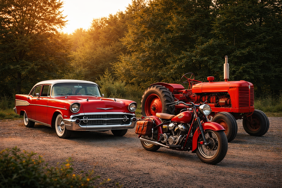 Roter Oldtimer, Traktor und Motorrad bei Treffen in Eggersdorf, Erlebnisregion Graz, auf Schotterweg am Waldrand im Abendlicht. | © ChatGPT-Christine Rotschädl