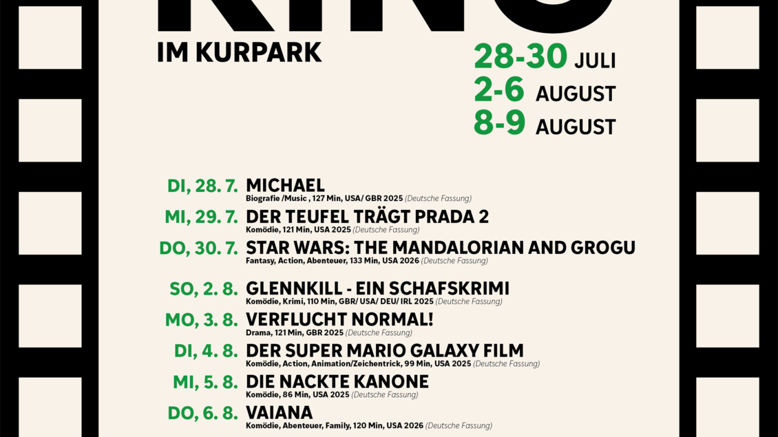 Ein Plakat für ein Open-Air-Kino im Kurpark. Die Veranstaltungen finden vom 28. Juli bis 9. August mit verschiedenen Filmen statt. | © Kino Gröbming
