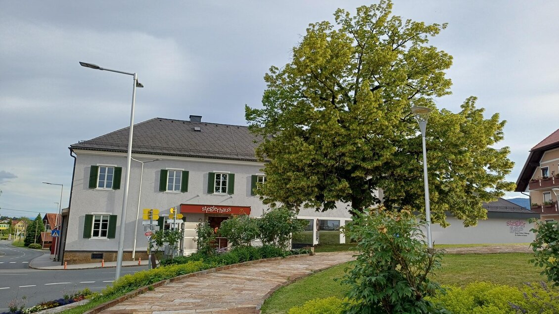 Ein großes Haus mit weißen Wänden und grünen Fensterläden steht an einer ruhigen Straße. Im Vordergrund gibt es einen gepflasterten Gehweg und einen großen Baum. | © TV Südsteiermark - Irene Löschnig