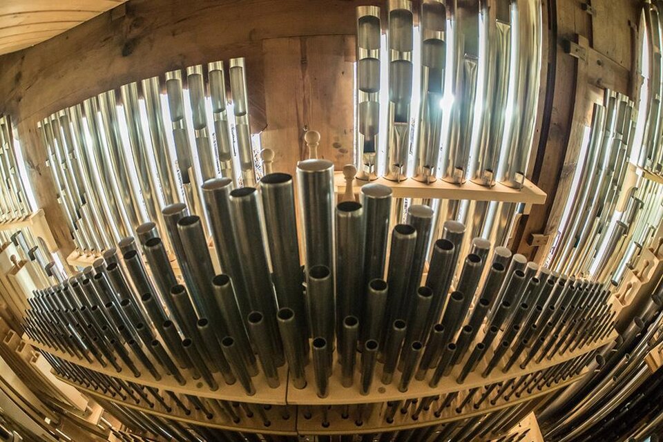 Eine Sammlung von Orgelpfeifen in verschiedenen Größen und Materialien. Das Licht reflektiert auf den metallischen Oberflächen und schafft eine interessante Atmosphäre. | ©  Prof. Karl-Heinz Schein