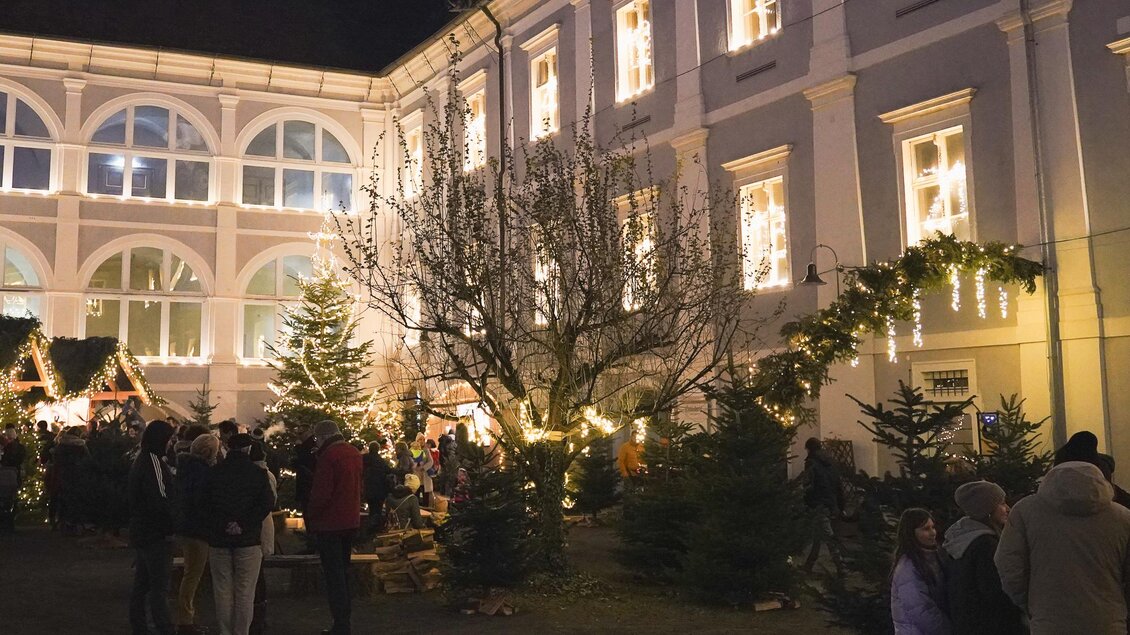 Ein festlicher Weihnachtsmarkt in einem Innenhof mit Lichtern und Tannenbäumen. Menschen stehen zusammen und genießen die Atmosphäre. | © Maria Ebner