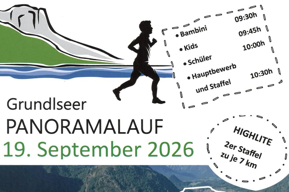 <p>Das Plakat für den Grundlseer Panoramalauf am 19. September 2026 mit den wichtigsten Informationen zum Lauf um den Grundlsee. Die Veranstaltung umfasst verschiedene Laufkategorien wie Bambini, Kids und Hauptbewerb.</p> | © ASVÖ Grundlsee