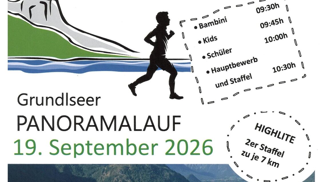 <p>Das Plakat für den Grundlseer Panoramalauf am 19. September 2026 mit den wichtigsten Informationen zum Lauf um den Grundlsee. Die Veranstaltung umfasst verschiedene Laufkategorien wie Bambini, Kids und Hauptbewerb.</p> | © ASVÖ Grundlsee