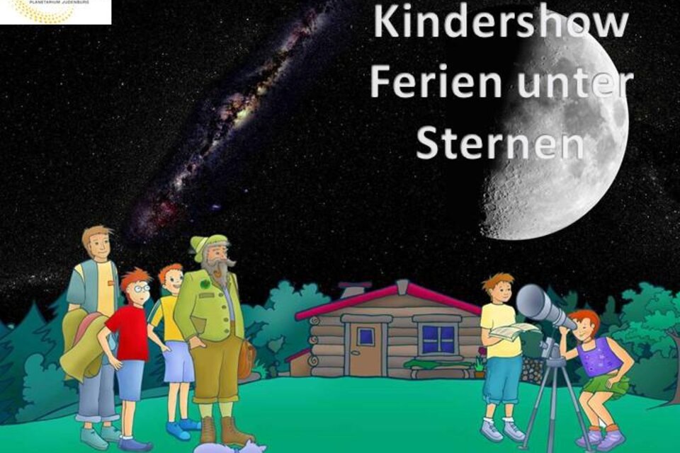 Eine bunte Zeichnung von Kindern und einem Erwachsenen, die unter einem Sternenhimmel stehen. Sie schauen mit einem Teleskop den Mond an, während ein Holzhäuschen im Hintergrund sichtbar ist. | © Sternenturm Judenburg